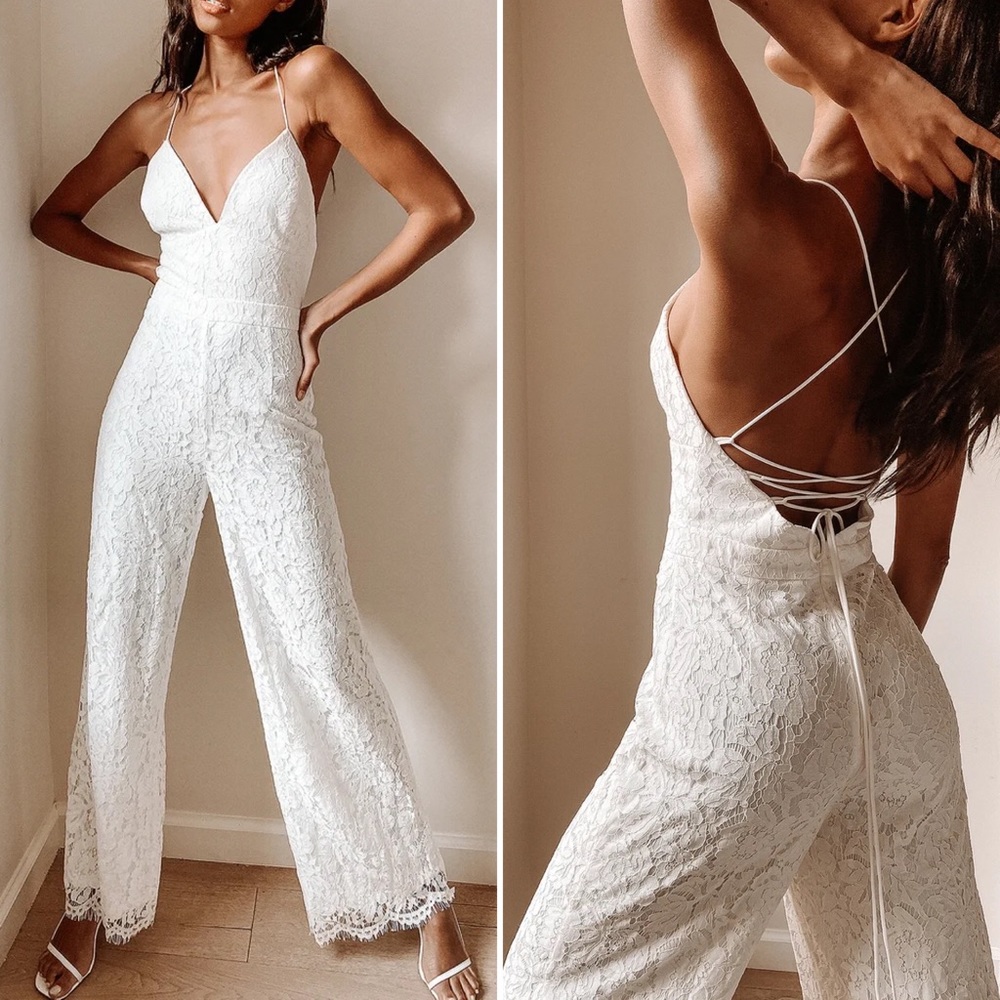 Lulus All About Tonight Lace Wide Leg Lace-Up Jumpsuit White Size XL NWOT